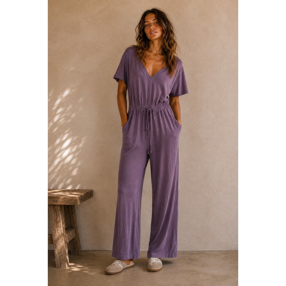 PACT Organic Cotton Jumpsuit Womens S Plum Purple Wide Leg Pocket Lounge V-Neck